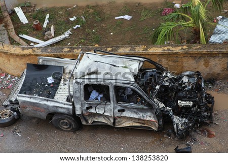 REYHANL, TURKEY-MAY 12: Death toll rises to 46 as explosions hit Turkish town Reyhanli with Syria on May 11, 2013. View of a car in this event. The Photo was taken May 12, 2013.