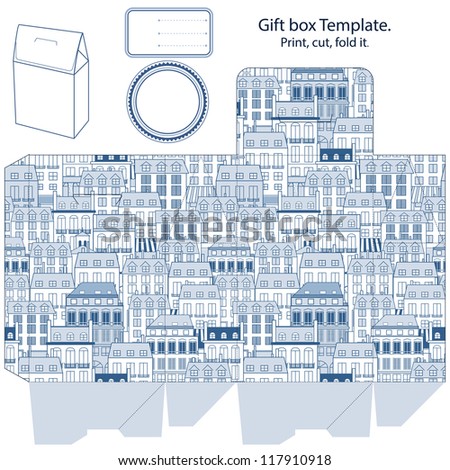 Gift box template. City buildings pattern. Empty label.