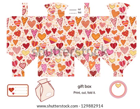 Favor, gift, product box die cut.  Heart love pattern. Empty label. Designer template.