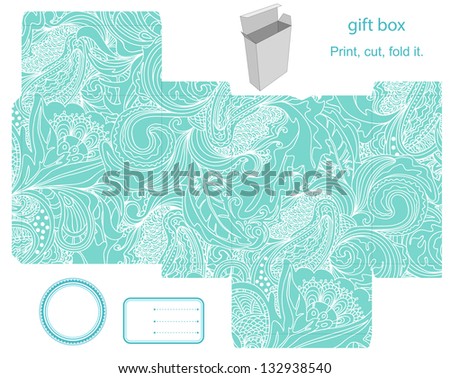 Favor, gift, product box die cut.  Abstract floral pattern. Empty label. Designer template.
