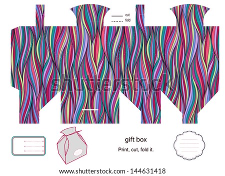 Favor, gift, product box die cut.  Waves pattern. Empty label. Designer template.