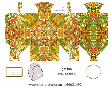 Favor, gift, product box die cut.  Floral pattern. Empty label. Designer template.