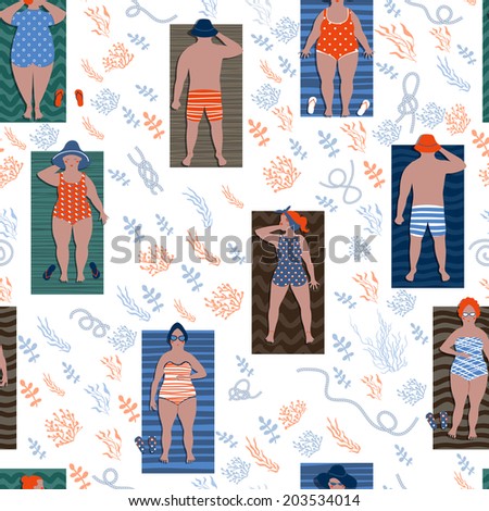 Seamless pattern with people in the beach. Cute summer pattern