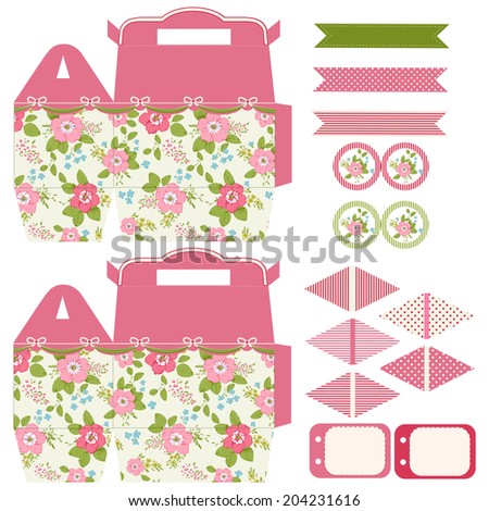 Party set. Gift box template.  Abstract floral shabby chic pattern, classic country roses. Empty labels and cupcake toppers and food tags.