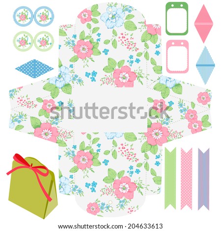 Party set. Gift box template.  Abstract floral shabby chic pattern, classic country roses. Empty labels and cupcake toppers and food tags.