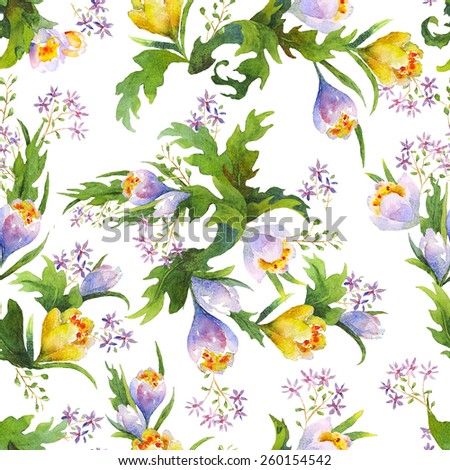 Watecolors crocus pattern and seamless background. Ideal for printing onto fabric and paper or scrap booking. Hand painter spring flowers. Raster illustration.