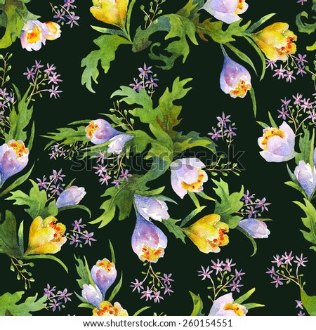 Watecolors crocus pattern and seamless background. Ideal for printing onto fabric and paper or scrap booking. Hand painter spring flowers. Raster illustration.