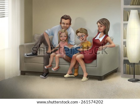 Mother, father, son and daughter are sitting on a sofa and reading a book. Raster illustration.