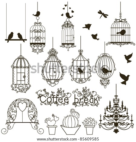 Logo Design Black  White on Birds And Birdcages Collection  Isolated On White  Clipart  Vector