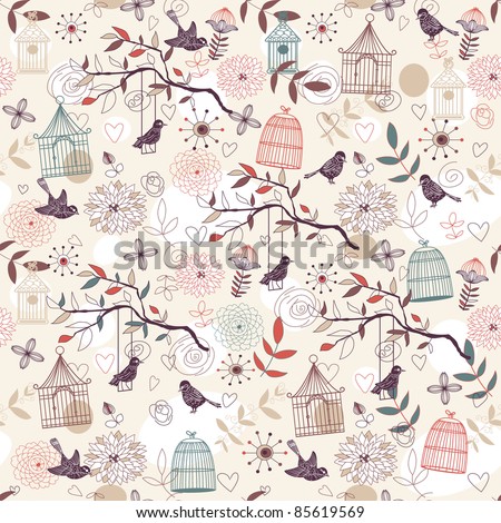 stock vector Nature Pattern with birds birdcages plants flowers