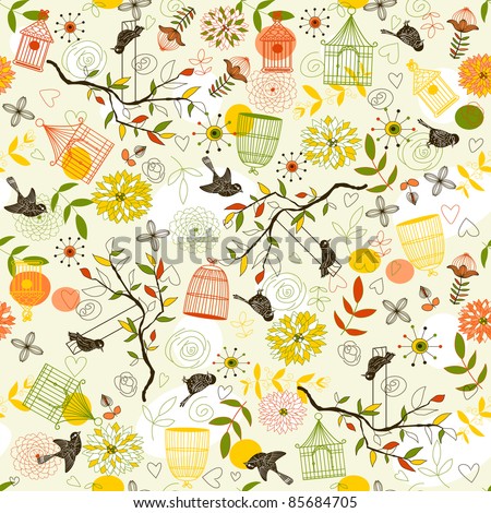 stock vector Nature Pattern with birds birdcages plants flowers Can be