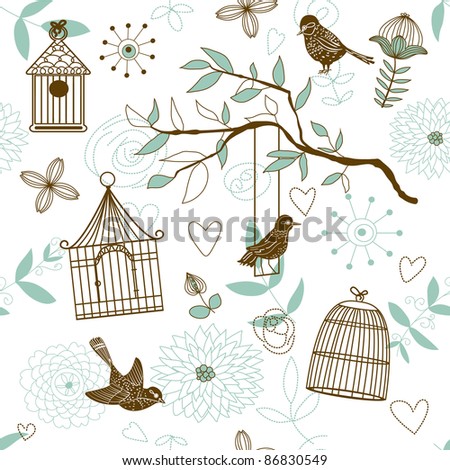 Nature Pattern with birds. Seamless pattern can be used for wallpaper, pattern fills, web page background, surface textures.