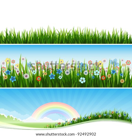 Three Spring or Summer banners with grass, flowers and sun.