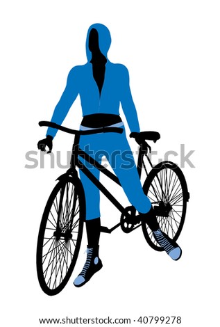 bike rider silhouette. stock photo : Female icycle rider silhouette in a blue outfit on a white background