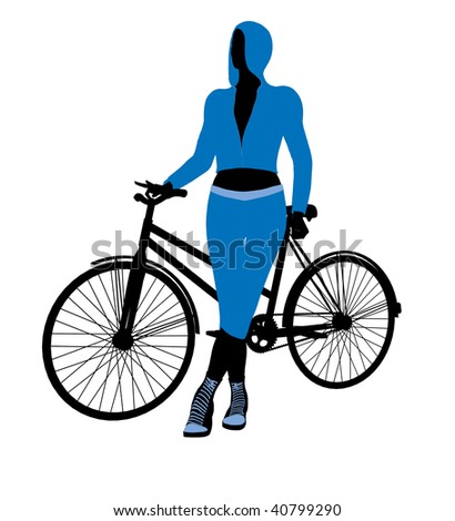 bike rider silhouette. stock photo : Female icycle rider silhouette in a blue outfit on a white background