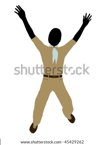 boy scouts background. stock photo : African American Boy Scout silhouette dressed in pants on a white ackground