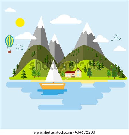 Peak season mountains and green valley. Sky forest rock travel view mountain background. Vector mountains green valley boat lake landscape background. Summer tourism river scenic.