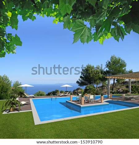 Fictitious Swimming Pool Scenery With A Beautiful View To The Sea - 3d Rendering; The Photo In The Background Is Taken By Me; The Rest Of The Scene Is Designed By Me An Does Not Exist In Reality