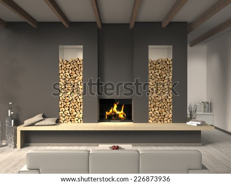 country style living room 3D rendering with fireplace