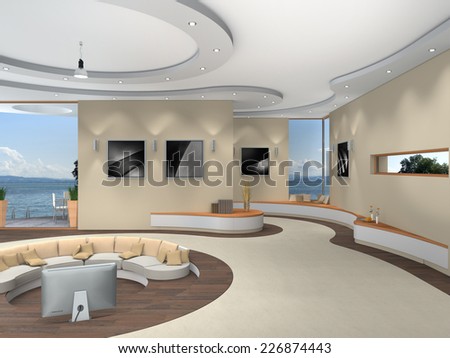 modern luxurious futuristic 3D interior rendering with a beautiful view to the lake