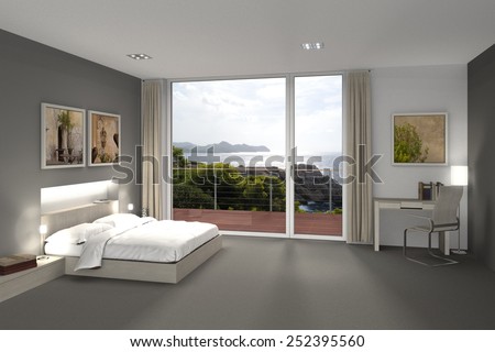 fictitious 3D rendering of a bedroom or hotel room with a view to the sea