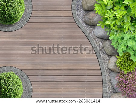 aesthetic garden design detail with rocks in aerial view