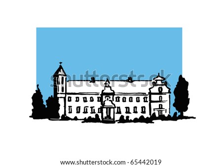 Hand drawn illustration of an old European castle