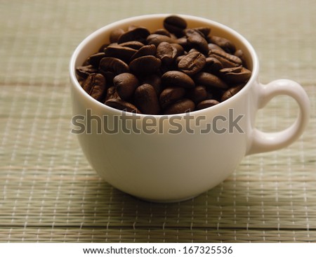 A cup and coffee beans, from above