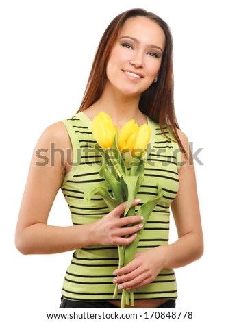 happy woman with yellow tulips over white background