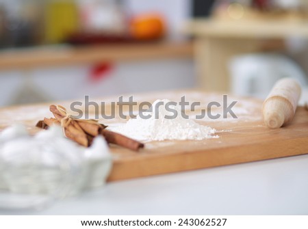 Baking ingredients for shortcrust pastry,plunger on the desk