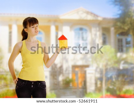 young woman with little house