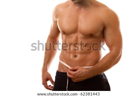 stock photo a seminude bodybuilder with a measuring tape around his waist