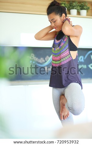 Asian woman are yoga exercises at home. Woman. Yoga.