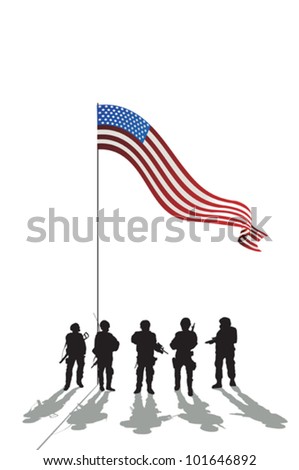 Five soldiers silhouette and an American flag and reflection