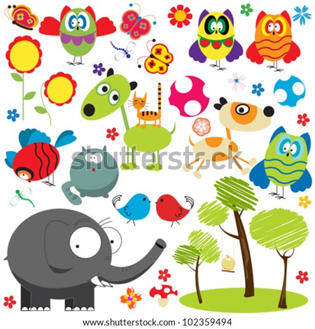 Large set of design elements over white background, animal, bird, insect and plants collection.