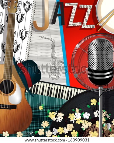 Music Background. Abstract collage  illustration with muscal instruments, jazz card