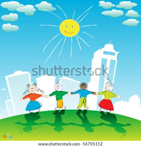 stock vector : Group of children holding hands, vector
