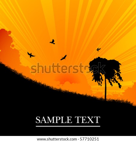 Sunset landscape with tree, background illustration