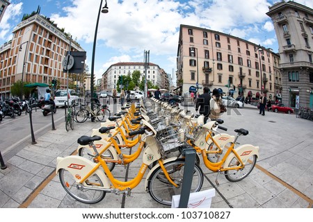 MILAN - MAY 1: City bicycle sharing station on May 1, 2012 in Milan, Italy. With 1400 bicycles and 100 stations, BikeMi is among the largest bike sharing systems worldwide.