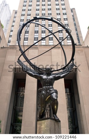 NEW YORK - JUNE 22: Atlas statue at Rockefeller Center on Fifth Avenue on June 22, 2012 in New York City. The sculpture is 15 feet tall, the entire statue is 45 feet tall, by sculptor Lee Lawrie.
