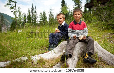 Two brothers having lunch with a sandwich in the mountains.