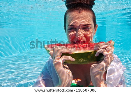 Underwater woman eating a slice of watermelon in swimming pool.