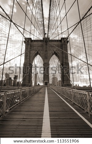 Brooklyn Bridge In New York City. Sepia Tone.