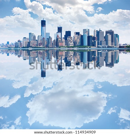 Panoramic Image Of Lower Manhattan Skyline With Reflections.