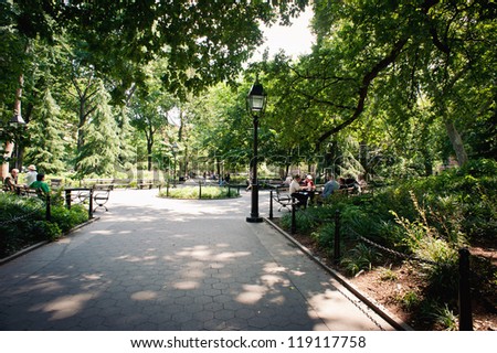 NEW YORK CITY - JUNE 28: Washington Square Park, with 9.75 acres (39,500 m2), it is a landmark in the Manhattan neighborhood of Greenwich Village, seen on June 28, 2012 in New York, NY.