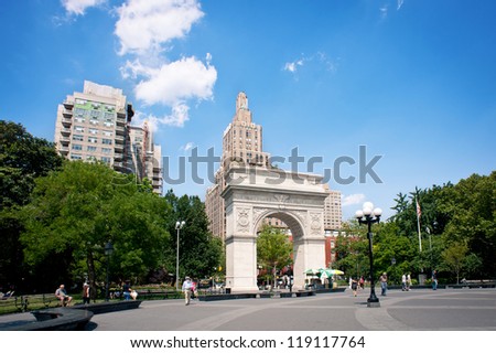 NEW YORK CITY - JUNE 28: Washington Square Park, with 9.75 acres (39,500 m2), it is a landmark in the Manhattan neighborhood of Greenwich Village, seen on June 28, 2012 in New York, NY.