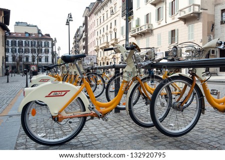MILAN, ITALY - MARCH 23: City bicycle sharing station on March 23, 2013 in Milan, Italy. With 1400 bicycles and 100 stations, BikeMi is among the largest bike sharing systems worldwide.