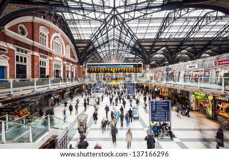 LONDON, UNITED KINGDOM - APRIL 9: Commuters inside Liverpool Street Station on April 9, 2013 in London, UK. The annual rail passenger usage between 2011 - 2012 was 13.835 million.