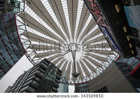 BERLIN - JUNE 2: Sony Center ceiling, low angle view on June 2, 2013 in Berlin, Germany. The Sony Center is a Sony-sponsored building complex located at the Potsdamer Platz.
