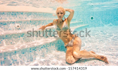 Beautiful woman full body portrait underwater in swimming pool.